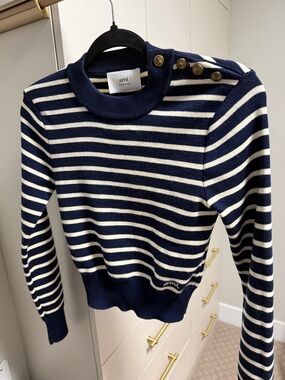 Ami Navy & White Striped Crew Sweater with Shoulder Buttons